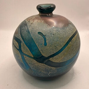 Donald Carlson Blue Green copper Art Glass Vase 5” round vase. 1970